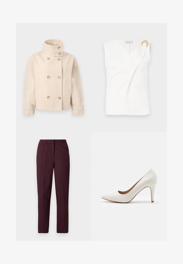 Veste croisée en laine couleur crème avec col montant, six boutons, deux poches latérales et bracelets de manche réglables.; Blouse sans manches blanche avec un design croisé, présentant un détail décoratif en forme d'anneau doré sur l'épaule droite.; Pantalon droit bordeaux avec une texture lisse, présentant un devant plat et sans poches visibles. Coupe ajustée avec une coupe classique.; Chaussure à talon haut en cuir verni blanc avec un bout pointu et une surface lisse, dotée d'un talon fin et d'une découpe basse autour de l'ouverture.