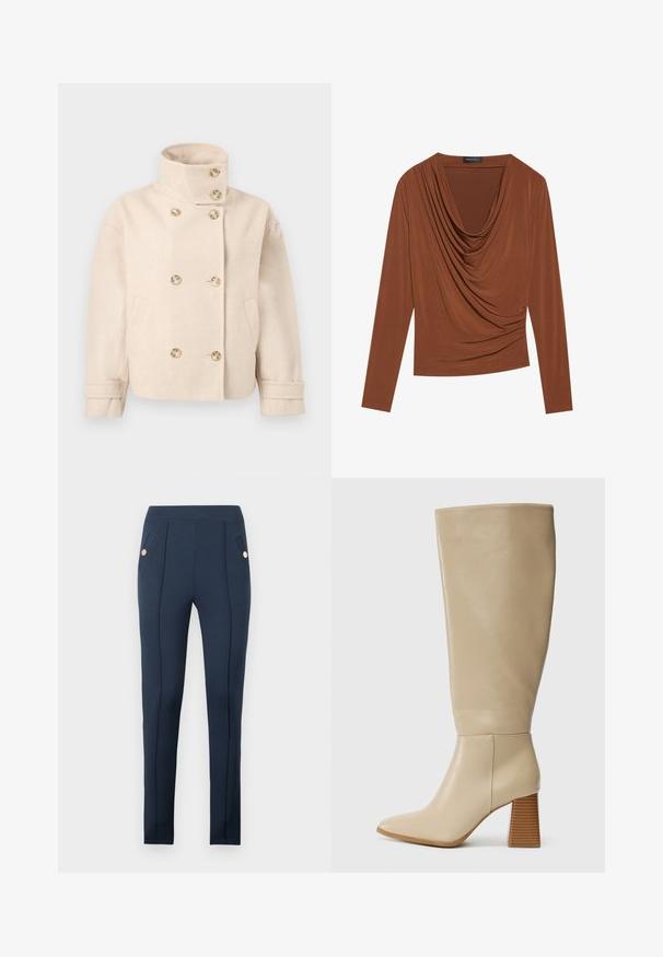 Veste croisée en laine couleur crème avec col montant, six boutons, deux poches latérales et bracelets de manche réglables.; Haut à manches longues en marron foncé, avec un décolleté drapé et des détails froncés sur les côtés, fabriqué en tissu lisse et extensible.; Pantalon slim bleu marine avec coutures avant surpiquées et poches latérales inclinées, chacune ornée d'un bouton rond en or unique.; Botte en cuir beige haute jusqu'au genou avec un bout pointu, un talon bloc texturé et une surface lisse. Détail de couture à la cheville et en haut de la tige.