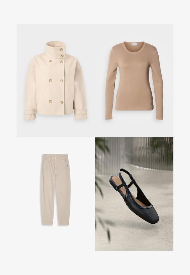 Veste croisée en laine couleur crème avec col montant, six boutons, deux poches latérales et bracelets de manche réglables.; Haut à manches longues en beige clair, avec un col rond et une coupe slim. Fabriqué en tissu doux et extensible avec une texture subtile. Détail du logo sur l'ourlet.; Pantalon beige à jambes droites avec taille élastique, passants pour ceinture, fermeture par bouton et poches avant, présenté sur un fond uni.; Chaussure plate slingback en cuir noir avec un orteil carré, dotée d'un fini verni brillant et de sangles ajustables pour un maintien sécurisé.