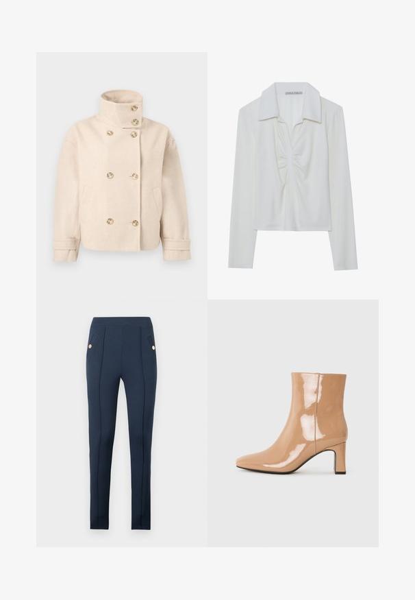 Veste croisée en laine couleur crème avec col montant, six boutons, deux poches latérales et bracelets de manche réglables.; Haut blanc à manches longues avec col, présentant un détail de fronces au centre et une texture côtelée. Fabriqué dans un tissu doux et léger.; Pantalon slim bleu marine avec coutures avant surpiquées et poches latérales inclinées, chacune ornée d'un bouton rond en or unique.; Bottes à talon nu patent avec un bout pointu, une finition brillante et un talon bloc de hauteur intermédiaire. Texture lisse et silhouette élégante.