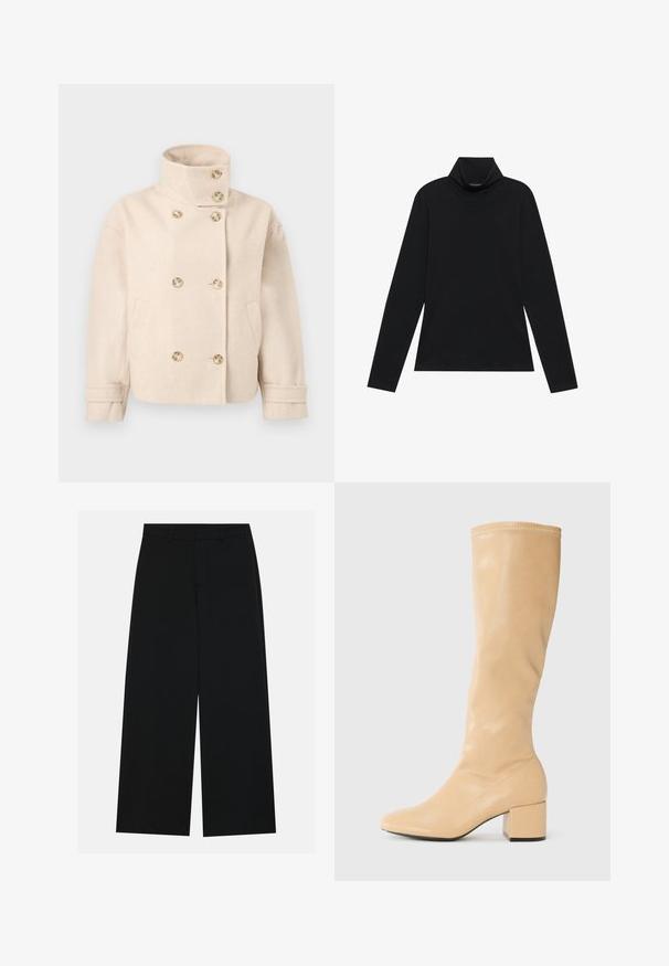 Flødefarvet uld dobbeltbrystet jakke med stående krave, seks knapper, to sidelommer og justerbare manchetstropper.; Sort turtleneck med lange ærmer. Blødt stof, tætsiddende design, høj krave og sidesøm. Simpel og alsidig stil, der er velegnet til lag-på-lag.; Breddebenede sorte bukser lavet af et glat stof. Har en flad talje med bæltestropper og ingen synlige lommer. Simpelt design.; Anna Field by Zalando Høje støvler/ Støvler - beige