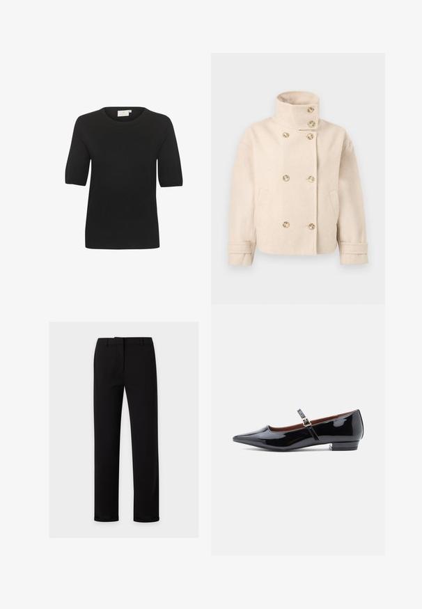 Veste croisée en laine couleur crème avec col montant, six boutons, deux poches latérales et bracelets de manche réglables.; Top en maille noir à manches courtes avec un col rond. Présente une texture lisse et un design simple. Étiquette visible au niveau du cou.; Pantalon noir à jambes droites avec passants de ceinture, fermeture éclair à l'avant et une ceinture lisse, présenté sur un fond clair uni.; Escarpin Mary Jane en cuir verni noir avec bout pointu et petit talon, doté d'une sangle ajustable avec boucle dorée.