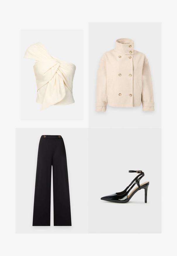 Veste croisée en laine couleur crème avec col montant, six boutons, deux poches latérales et bracelets de manche réglables.; Haut crème à une épaule en tissu lisse, avec un grand détail de nœud torsadé à l'avant et une coupe près du corps.; Pantalon noir à jambes larges avec une taille haute, doté de deux boutons marron et d'un tissu lisse et texturé. Sans motifs ni accents supplémentaires.; Escarpin en cuir verni noir à talon haut, avec un bout pointu, une bride réglable à la cheville et des côtés ouverts. Texture lisse.