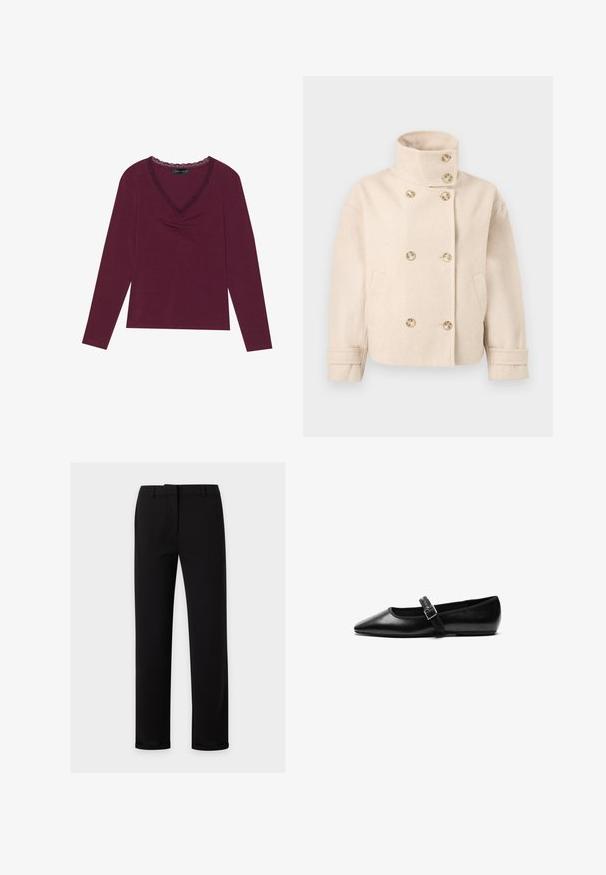 Chaqueta cruzada de lana color crema con cuello de pie, seis botones, dos bolsillos laterales y correas ajustables en los puños.; Top de manga larga en burdeos profundo con escote en V, presenta un ribete de encaje negro y detalles fruncidos en el centro delantero. Textura suave, ajuste casual.; Pantalones negros de corte recto con trabillas para cinturón, cremallera frontal y una cintura lisa, mostrados sobre un fondo claro y liso.; Zapato plano negro de cuero con punta afilada, correa ajustable con hebilla de metal, textura suave y diseño minimalista.