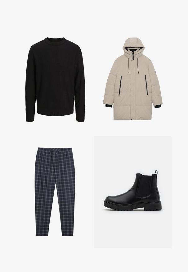 Manteau d'hiver long beigne rembourré avec capuche, poches zippées noires, fermeture éclair avant et fermeture à pression, et poignets intérieurs noirs.; Pull noir en maille à manches longues, col rond, poignets et ourlet côtelés, présenté sur un fond uni gris clair.; Pantalons à carreaux noirs et gris pour hommes, avec une taille élastique à cordon, un tissu doux, des jambes fuselées et un motif en tartan sur toute la surface.; Zign LEATHER - Bottines - black