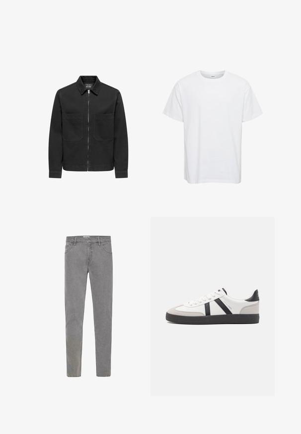 Sort denimjakke med lynlåslukning foran, krave og to brystlommer. Har lange ærmer og en lige, strømlinet pasform. Blød tekstur.; Hvid bomulds t-shirt med korte ærmer, rund halsudskæring og en afslappet pasform. Glat tekstur, ingen mønstre eller detaljer. Simpelt design.; Grå denim jeans med slim fit, fem lommer, bæltestropper og en enkelt knaplukning. Teksturen er let slidte for et afslappet look.; Hvide sneakers med sorte og grå detaljer, med en tekstureret grå tåhætte, sort gummisål og flade hvide snørebånd. Rent design, minimalistisk stil.