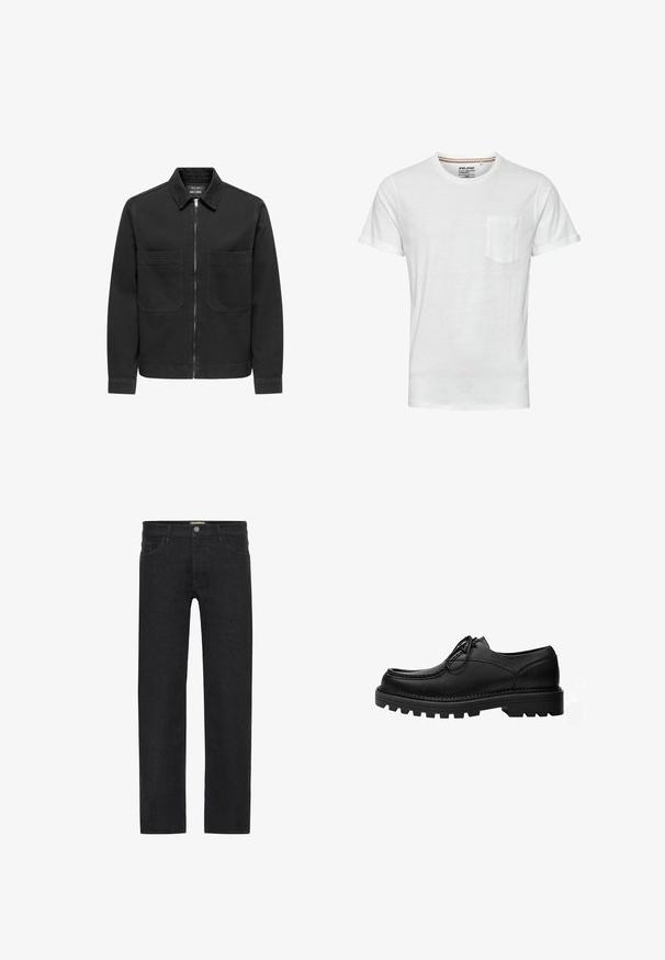 Schwarze Jeansjacke mit Reißverschluss vorne, Kragen und zwei Brusttaschen. Verfügt über lange Ärmel und ein gerades Schnittdesign. Weiche Textur.; Schlichtes weißes T-Shirt mit kurzen Ärmeln, einer kleinen Brusttasche auf der linken Seite und rundem Halsausschnitt.; Schwarze gerade Jeans aus Denim mit einem Knopfverschluss am Bund, fünf Taschen und einem minimalistischen Design ohne sichtbare Muster.; Schwarzer Leder-Schnürschuh mit dicker, robuster Sohle und detaillierter Naht am Obermaterial, entworfen für formelle oder legere Anlässe.