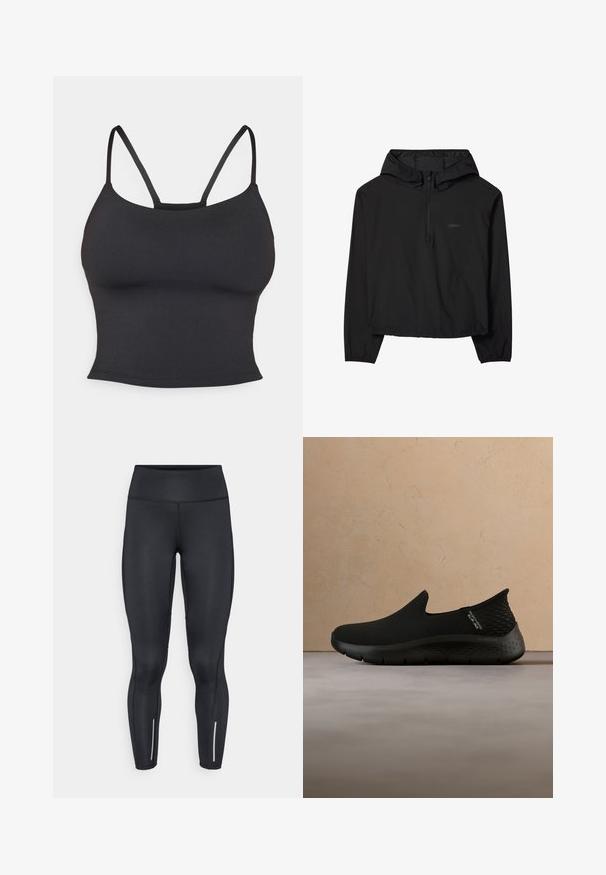 Schwarze, leichte Kapuzenjacke mit halbem Frontreißverschluss sowie elastischen Bündchen und Saum.; Schwarzes, tailliertes Top aus glattem Stoff, mit dünnen Trägern und rundem Halsausschnitt, ohne zusätzliche Muster oder Akzente.; Schwarze Leggings aus elastischem Material mit hohem Bund, ausgestattet mit reflektierenden Akzenten in der Nähe der Knöchel und glatter Textur.; Schwarze Slipper mit Mesh-Obermaterial, strukturiertem Absatz und flexibler Sohle. Leichtes Design. Hintergrund mit sanften, neutralen Farbtönen.