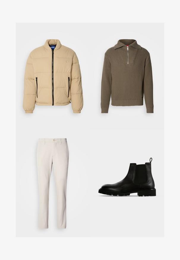 Chaqueta acolchada beige con cuello alto, cierre de cremallera frontal y dos bolsillos con cremallera. Presenta un patrón acolchado y puños elásticos. Logotipo en el pecho.; Suéter marrón acanalado con media cremallera y un collar amplio. Presenta una tela texturizada y un dobladillo ligeramente corto. Diseño simplista.; Pantalones beige de corte ajustado, con cierre de botón en la parte delantera, diseño de frente plano y corte recto, confeccionados en una suave mezcla de algodón.; Botín Chelsea de cuero negro hasta el tobillo con suela gruesa con tacos, paneles laterales elásticos y lengüeta de tirador sobre fondo liso.