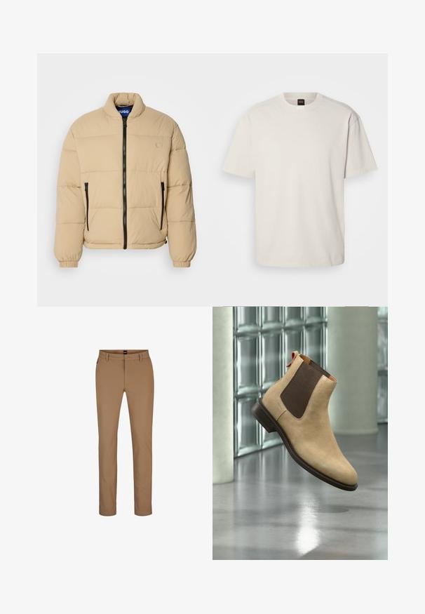 Chaqueta acolchada beige con cuello alto, cierre de cremallera frontal y dos bolsillos con cremallera. Presenta un patrón acolchado y puños elásticos. Logotipo en el pecho.; Camiseta de manga corta y cuello redondo en algodón color blanco roto, con un corte recto y un logo minimalista en el cuello. Textura suave, sin patrones.; Pantalones marrones claros de mezcla de algodón con un diseño de pierna recta, bolsillos frontales y cremallera. Hardware mínimo y sin patrones visibles.; Botín Chelsea de ante beige con panel elástico lateral marrón oscuro y lengüeta, mostrado flotando sobre suelo pulido reflectante en interiores.