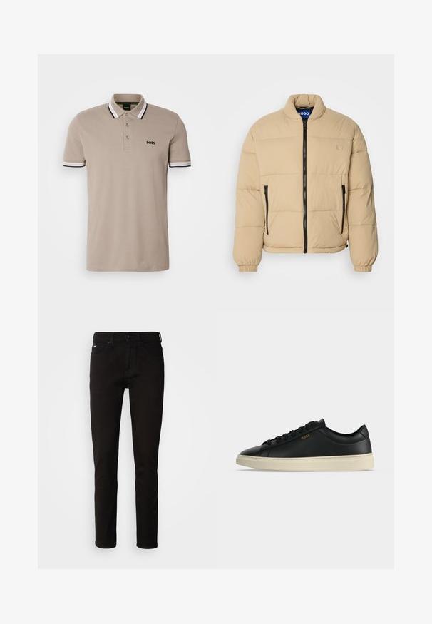 Doudoune beige avec col montant, fermeture éclair à l'avant et deux poches zippées. Présente un motif matelassé et des poignets élastiques. Logo sur la poitrine.; Polo beige avec un col classique, des manches courtes, et des finitions ornées d'accents noirs et blancs. Logo 'BOSS' brodé sur la poitrine.; Jeans en denim noir avec une coupe droite, une fermeture éclair et un design à cinq poches. Le tissu a une texture lisse sans motifs visibles.; Baskets basses en cuir noir avec semelle blanche, lacets noirs et petit logo BOSS doré sur le côté.