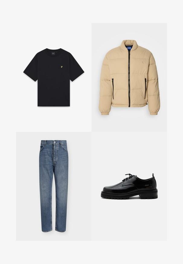 Μπεζ μπουφάν puffer με ψηλό γιακά, κλείσιμο με φερμουάρ μπροστά και δύο τσέπες με φερμουάρ. Διαθέτει επενδυμένο σχέδιο και ελαστικές μανσέτες. Λογότυπο στο στήθος.; Μαύρο κοντομάνικο μπλουζάκι με στρογγυλή λαιμόκοψη και μικρό κίτρινο λογότυπο πουλιού στο αριστερό στήθος.; Τζιν παντελόνι με ίσια γραμμή σε μπλε denim, ψηλή μέση, εμπρόσθιο κλείσιμο με κουμπιά και σχεδιασμό με πέντε τσέπες σε απλό ανοιχτό φόντο.; Μαύρο γυαλιστερό δερμάτινο παπούτσι με κορδόνια, χοντρή ελαστική σόλα και χαμηλό τακούνι, με πλαϊνό λογότυπο "SAMSOE" και πίσω ταινία τράβηγματος.