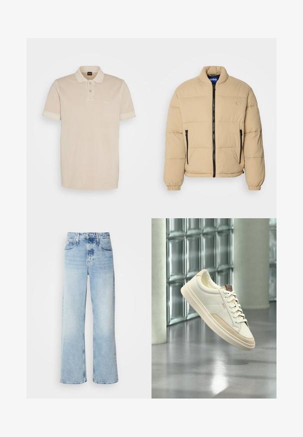 Beige puffer-takki, jossa on korkea kaulus, vetoketjukiinnitys ja kaksi vetoketjullista taskua. Takissa on tikattu kuvio ja joustavat hihansuut. Rintataskussa logo.; Vaaleanbeige polo-paita, joka on valmistettu pehmeästä puuvillasta. Siinä on klassinen kaulus, kaksi nappia ja pieni brodeerattu logo rinnassa.; Vaaleansiniset leveät farkut korkealla vyötäröllä, joissa on haalistunut pinta, vyölenkit ja klassinen viisi-taskumalli. Helmassa on raaka viimeistely.; Valkoinen matala tennari, jossa on beigejä yksityiskohtia ja nauhat, merkiltään "BOSS", kelluu kiillotetun lattian yläpuolella, taustalla lasiblokkiseinä.