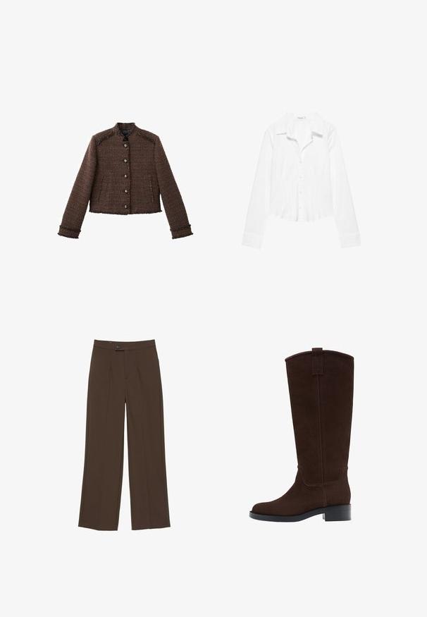 Brun tweedjakke med cropped design, rund krave og knaplukning foran. Har tekstureret stof og frynsekantede kanter.; Hvid skjorte med lange ærmer, krave, let figursyet talje og manchetter med knapper, vist på en hvid baggrund.; Brune bukser med lige ben med knap og lynlås foran, der har rene, skræddersyede linjer og en talje i midjehøjde.; Høj mørkebrun ruskindsstøvle med lav stablet hæl og rundet tå, med en trækkemærke øverst på skaftet.