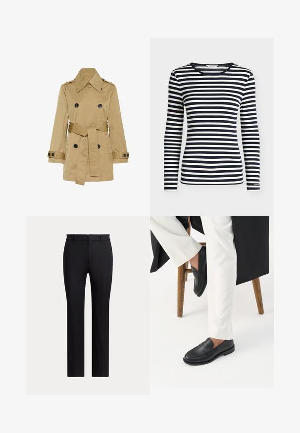 Beige dobbeltbrystet trenchcoat med bred krave, sorte knapper, bælte i taljen og justerbare manchetremme.; Langærmet skjorte med navy og hvide horisontale striber og rund halsudskæring, mærket GANT på ærmekanten.; Sorte bukser med lige ben, bæltestropper og slim fit, vist mod en ensartet lys baggrund.; Person iført sorte læder loafers og hvide bukser, siddende på en træskammel mod en hvid baggrund.