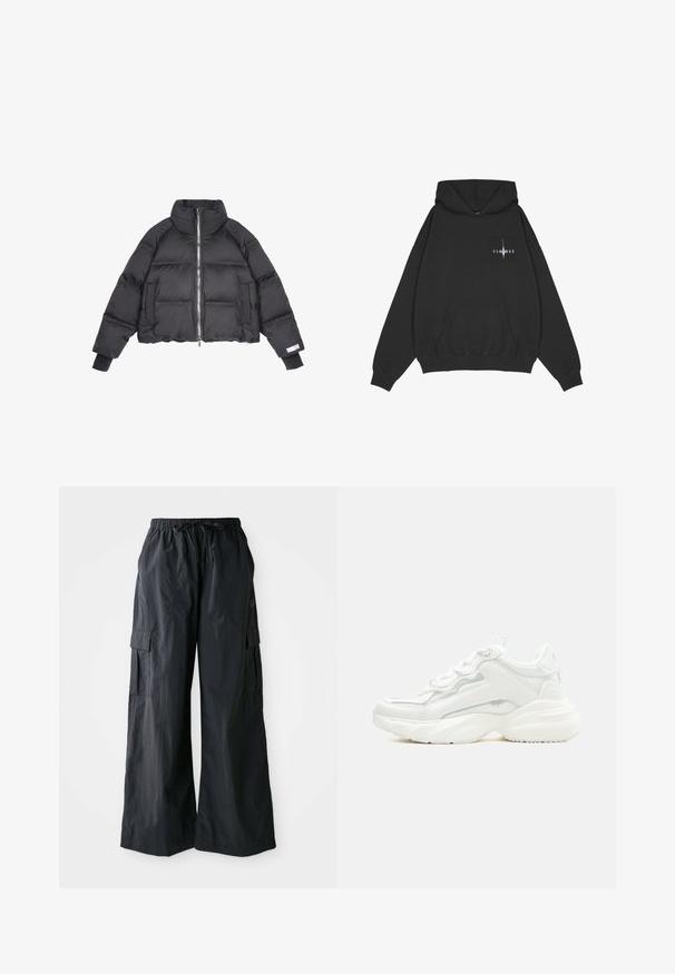 Sort pufferjakke med et cropped design, højt krave, lynlås foran og elastiske manchetter. Har quiltede sektioner og sidelommer.; Pegador Hættetrøje - washed black; Sorte cargo-bukser lavet af letvægtigt stof, med vidde i benene, elastisk talje og flere sidelommer. Enkle og funktionelle.; Hvid chunky sneaker med tyk sål, snørelukning foran og glat syntetisk overdel med subtile syningsdetaljer.