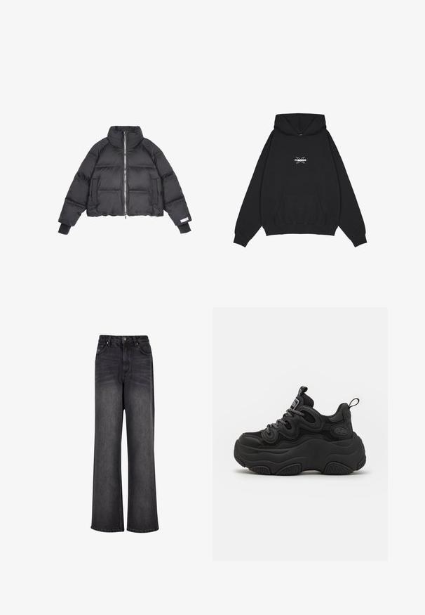 Sort pufferjakke med et cropped design, højt krave, lynlås foran og elastiske manchetter. Har quiltede sektioner og sidelommer.; Pegador BELLY OVERSIZED HOODIE - Hættetrøje - washed black; Bredde ben sorte denim jeans med en glat tekstur, der har høj talje, forlommer og knaplukning.; Sorte sneakers med en chunky design, der har en tekstureret overdel, mesh-paneler og tyk gummisål. Reflekterende snørebånd og branddetaljer er synlige.
