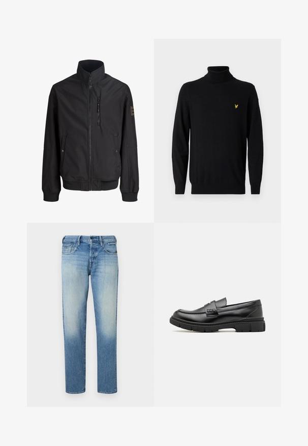 Chaqueta negra ligera con cuello alto, cremallera frontal, dos bolsillos laterales con botones y un bolsillo en el pecho con cremallera.; Suéter negro de cuello alto hecho de una tela suave, que presenta mangas largas y un pequeño logo amarillo en el área del pecho izquierdo. Textura de punto liso.; Vaqueros de mezclilla azul claro con acabado desgastado, piernas de corte recto, cinco bolsillos y cierre de botón. Detalles de costura y etiqueta de la marca en la parte trasera.; Mocasin de cuero negro con una cinta ancha en el empeine, suela de goma con tacos gruesos y textura suave. Diseño clásico y elegante.
