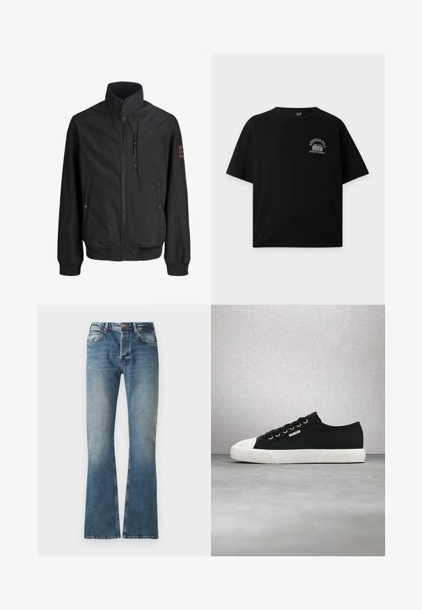 Musta kevyt takki, jossa korkea kaulus, vetoketju edessä, kaksi sivutaskua napituksilla ja vetoketjullinen rintatasku.; Musta lyhythihainen T-paita, jossa pieni valkoinen GAP-logo ja “American Style Athletic Sports” -teksti vasemmassa rinnassa. Yksivärinen tausta.; Sininen farkkutakki, jossa on haalistunut vaikutus, suora lahkeensuukaitale, nappi- ja vetoketjukiinnitys sekä viisi taskua.; Musta-valkoinen matalakärkinen Calvin Klein -tennari nauhoilla, leijumassa sileän harmaan lattian yllä lasitiiliseinän lähellä.