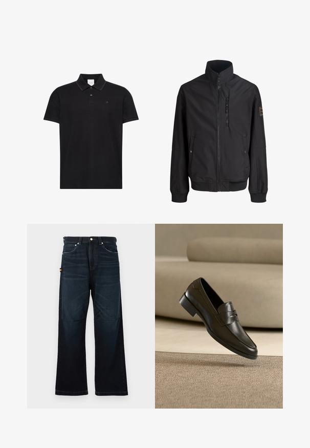 Chaqueta negra ligera con cuello alto, cremallera frontal, dos bolsillos laterales con botones y un bolsillo en el pecho con cremallera.; Camiseta tipo polo negra de manga corta con cuello, dos botones, sutil ribete en contraste en los bordes del cuello y pequeño logo "ck" en el pecho.; Vaqueros rectos de color azul oscuro con diseño clásico de cinco bolsillos, trabillas para el cinturón y sutiles detalles desgastados en la parte frontal y las rodillas.; Zapato mocasín de cuero negro flotando sobre una alfombra beige con un sofá beige en el fondo, mostrando el diseño clásico para hombres sin cordones.