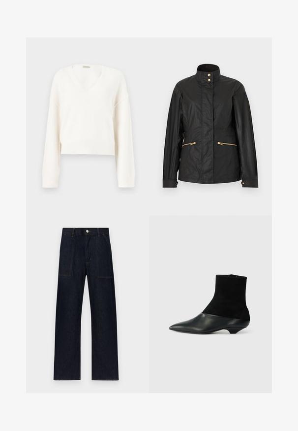 Veste légère noire avec col montant, boutons pression dorés et poches zippées dorées, présentée sur un fond uni.; Pull court en tricot blanc avec manches longues et col en V, présenté sur un fond neutre.; Jean large en denim bleu foncé avec une taille haute, des poches avant et des coutures oranges contrastantes. Équipé d'une fermeture à bouton en métal.; Bottine noire avec une tige en daim texturé et un embout en cuir lisse. Dispose d'un bout pointu et d'un design de talon bas unique.