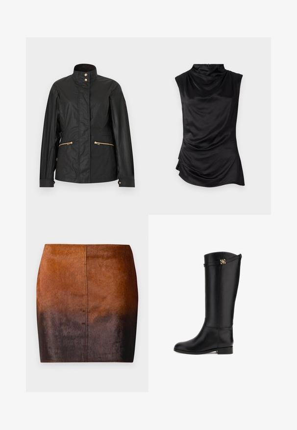 Veste légère noire avec col montant, boutons pression dorés et poches zippées dorées, présentée sur un fond uni.; Top sans manches noir en tissu lisse, présentant un col drapé, un ourlet asymétrique et un détail de fronces subtil sur le côté.; Jupe mini dégradé brun en matériau doux, présentant une texture lisse, une silhouette ajustée et des coutures précises le long des bords.; Bottes noires en cuir jusqu'au genou avec une texture lisse, un bout rectangulaire, un talon bas et un fermoir décoratif doré sur le côté.
