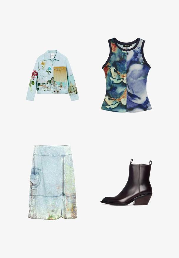 Lyseblå denimjakke med blomstrede og natursceneri-trykede lapper, en forlomme og et klassisk knap-op design med krave.; Ærmeløs damesinglet med rund hals og abstrakt blå, grøn og beige akvarelprint, med mørke kanter.; Lyseblå denim nederdel til knæet med sidelomme, frontlynlås og subtile blomster mønstre nær kanten.; Mørkebrun læder ankelstøvle med spids tå, der har en tekstureret træhælt og trækflapper på hver side for nem påtagning.