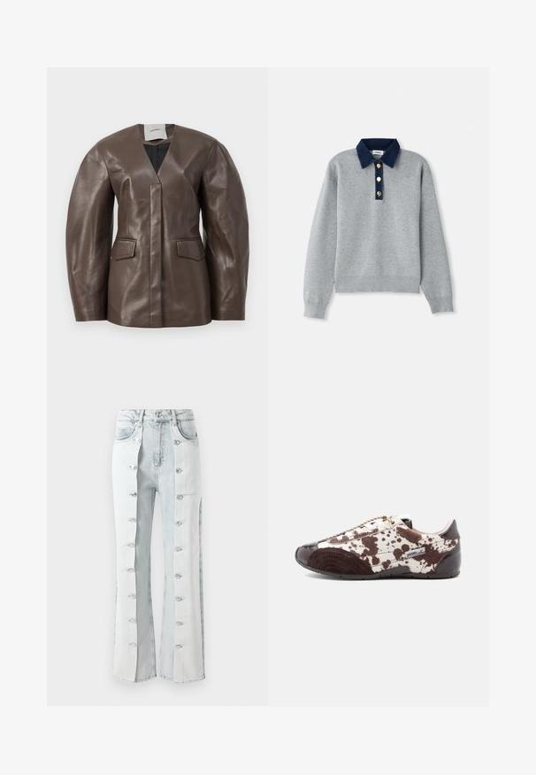 Blazer en cuir marron avec un col cranté, un décolleté en V et des épaules structurées. Il présente deux poches avant et une texture lisse et brillante.; Sweatshirt gris avec un col en denim bleu foncé, trois boutons dorés et des poignets côtelés. Texture douce avec un design décontracté.; Jeans en denim bleu clair avec des accents de boutons argentés, présentant un design à jambes larges et des panneaux latéraux. Le tissu a une finition texturée.; Baskets à motifs bruns et blancs avec une tige en cuir lisse et en tissu texturé, présentant un bout rond et un design profil bas.