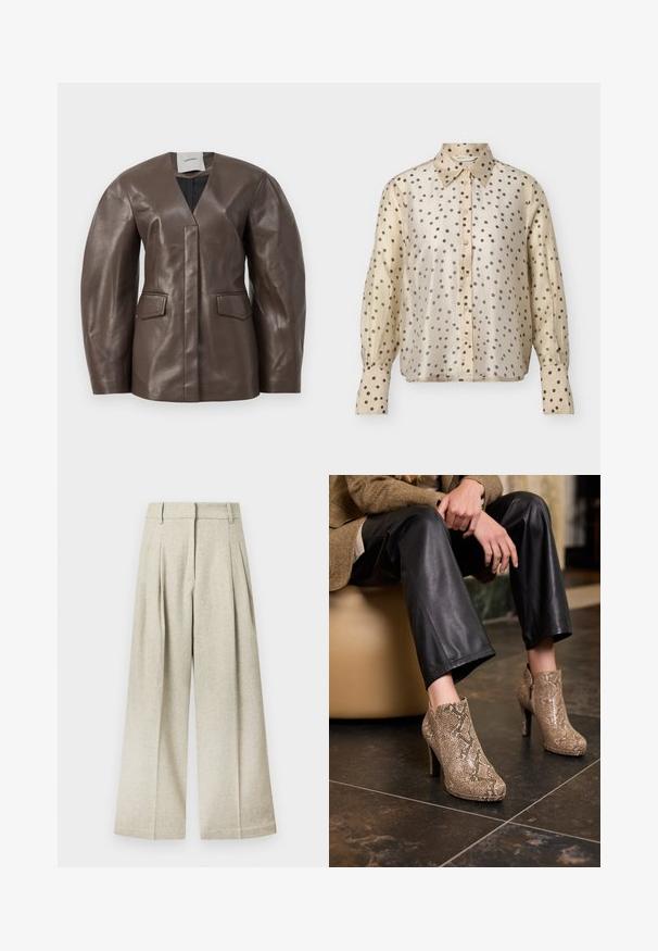 Blazer en cuir marron avec un col cranté, un décolleté en V et des épaules structurées. Il présente deux poches avant et une texture lisse et brillante.; Blouse beige à manches longues avec boutons, imprimé de pois noirs, col pointu et poignets boutonnés.; Pantalon à jambes larges en tissu gris clair avec une finition texturée, présentant des plis à l'avant et une ceinture plate, sans poches visibles.; Femme assise portant un pantalon en cuir noir et des bottines beige en peau de serpent à talons hauts sur un sol carrelé sombre.