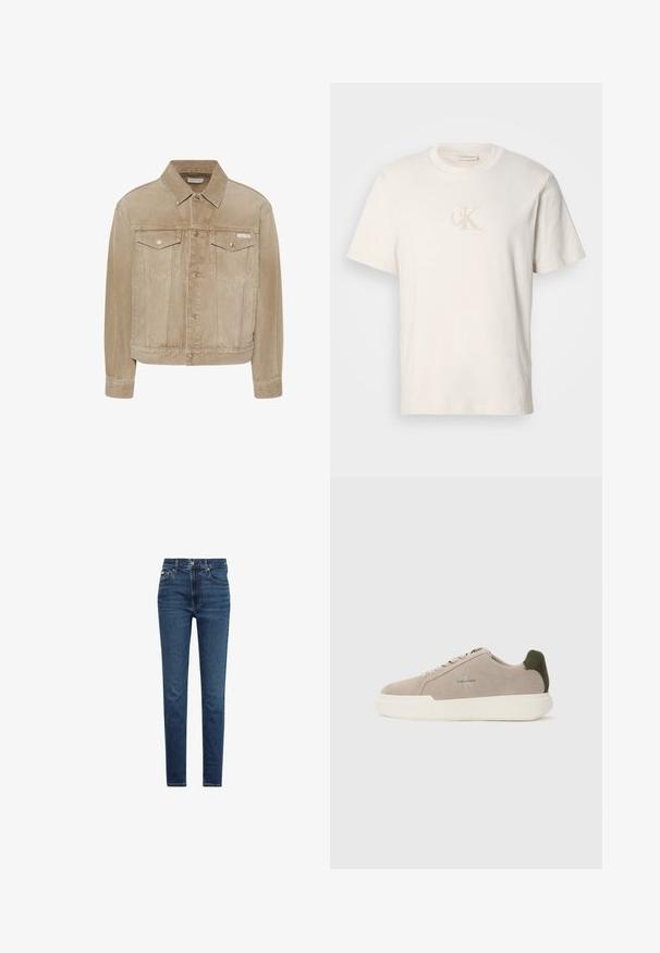 Beige denimjakke med knaplukning, to brystlommer med klapper, lange ærmer, krave og lille Calvin Klein-mærke på brystlommen.; Cremefarvet bomulds t-shirt med korte ærmer og broderet "CK" logo i en lys beige tråd. Klassisk pasform med rund hals.; Mørkeblå slim fit jeans med forrest knap- og lynlåsmed lukning, fem lommer og synlige syninger på hvid baggrund.; Beige ruskinds sneakers med en hvid gummisål, der har en mørkegrøn hælaccent og subtil branding på siden.