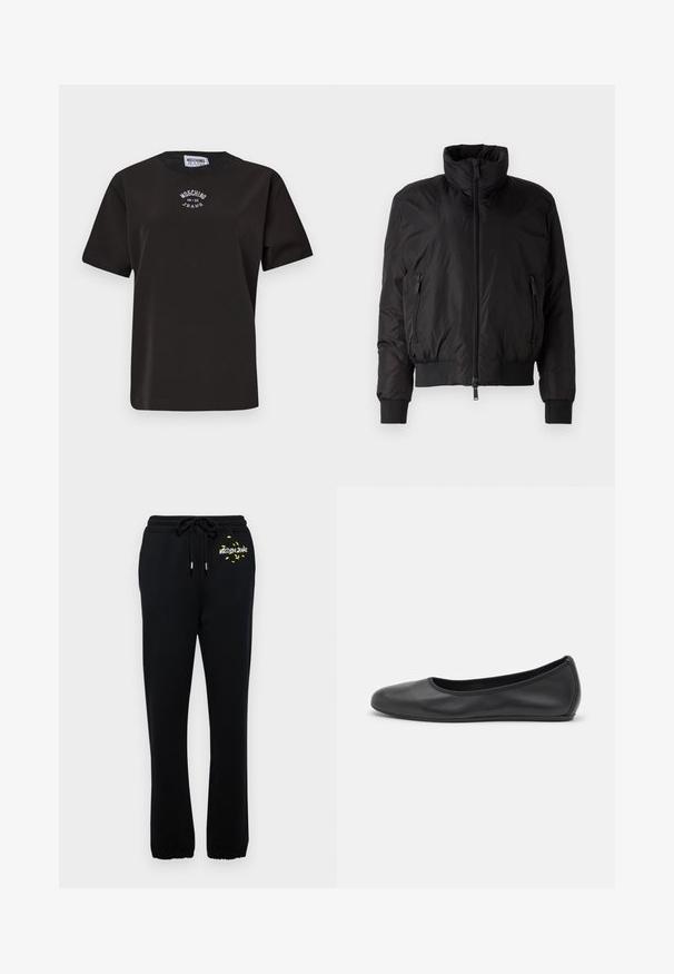 Mustmust mustjakker kõrge kaelusega, lukuga ees ja kaks lukuga küljetaskut. Omab elastseid mansette ja lühendatud disaini.; Must mustreest rikaste shirt, lühikeste varrukatega, ümmarguse kaelusega ja rinnal valge brodüüriga logo "Moschino Jeans".; Mustad mustad püksid elastse vöökoha ja paelaotusega, millel on väike kollane graafika, elastsed mansetid pahkluude juures.; Musthave mustika tantsutossud mustast nahast, ümmarguse varbaga, siledast tekstuurist, minimaalse õmblusdetailiga ja paindliku tallakujundusega.