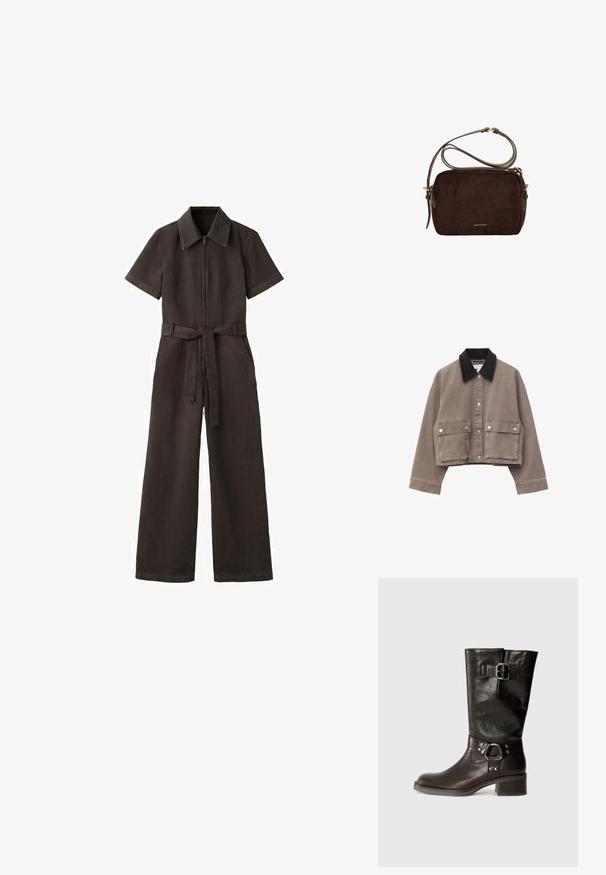 Afgekort bruin jasje met zwarte kraag, knoopsluiting aan de voorkant, lange mouwen en twee grote voorzakken met klep en knopen.; Donkerbruin korte mouwen jumpsuit met kraag, rits aan de voorkant, strikceintuur in de taille, zijzakken en broek met wijde pijpen op een witte achtergrond.; Bruine leren kniehoge laars met een ronde neus, een detailsluiting aan de zijkant en een chunkyzool. Gladde textuur met metallic accenten op de band.; Donkerbruine rechthoekige suède crossbodytas met verstelbare leren schouderband en gouden hardware, merk Emily & Noah, goudgeperst.