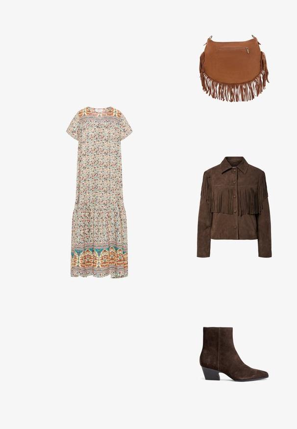 Veste en daim marron avec un design à franges sur la poitrine. Elle possède un col, une fermeture à boutons et des manches longues. Texture lisse.; Robe maxi florale avec un fond crème, des motifs floraux colorés, des manches courtes, un col rond et une bordure à volants.; Bottines en suede marron avec un bout pointu, un talon bloc moyen et un minimum de couture pour une apparence épurée.; Sac à main en daim marron avec de longues franges le long du bas et des côtés et une petite poche zippée horizontale à l’avant.