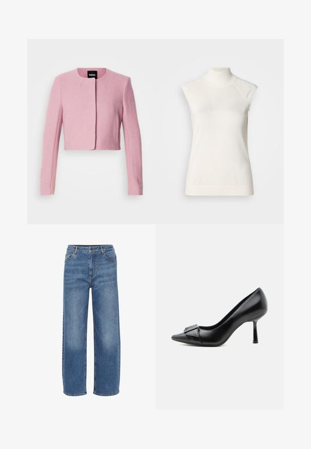 Chaqueta corta rosa hecha de un tejido texturizado, con mangas largas, cuello redondo y un cierre frontal minimalista. Se pueden ver dos bolsillos en los laterales.; Top sin mangas de cuello alto blanco hecho de material suave; presenta un diseño ajustado con un cuello alto y una textura acanalada sutil en el dobladillo.; Jeans de mezclilla azul claro, de pierna ancha. Cuentan con una cintura alta, diseño clásico de cinco bolsillos y costuras visibles a lo largo de las costuras.; Zapato de tacón alto de cuero negro con punta afilada y hebilla decorativa en la parte delantera, mostrado de lado sobre un fondo blanco.