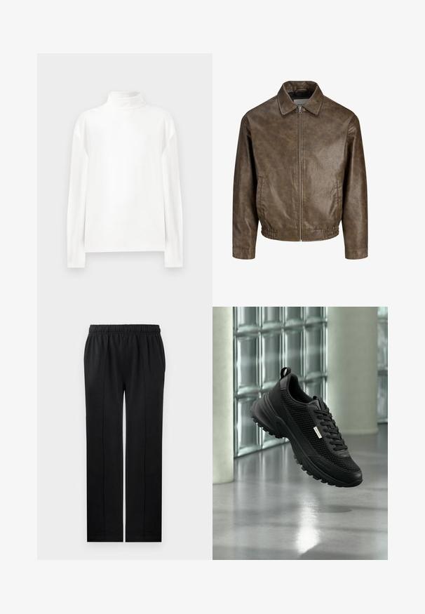 Veste marron en similicuir à fermeture éclair, col à revers, poches latérales et taille élastiquée sur fond blanc.; Haut à manches longues blanc en col roulé avec une texture lisse, présentant un col haut et des coutures d'épaule tombantes pour un ajustement décontracté.; Pantalon noir en tissu doux avec une taille élastique, coupe droite et deux poches latérales. Présente un détail de couture cachée.; Basket sportive noire avec des panneaux latéraux en mesh et une semelle épaisse flottant à l'intérieur près de blocs de verre et de colonnes sur un sol lisse.