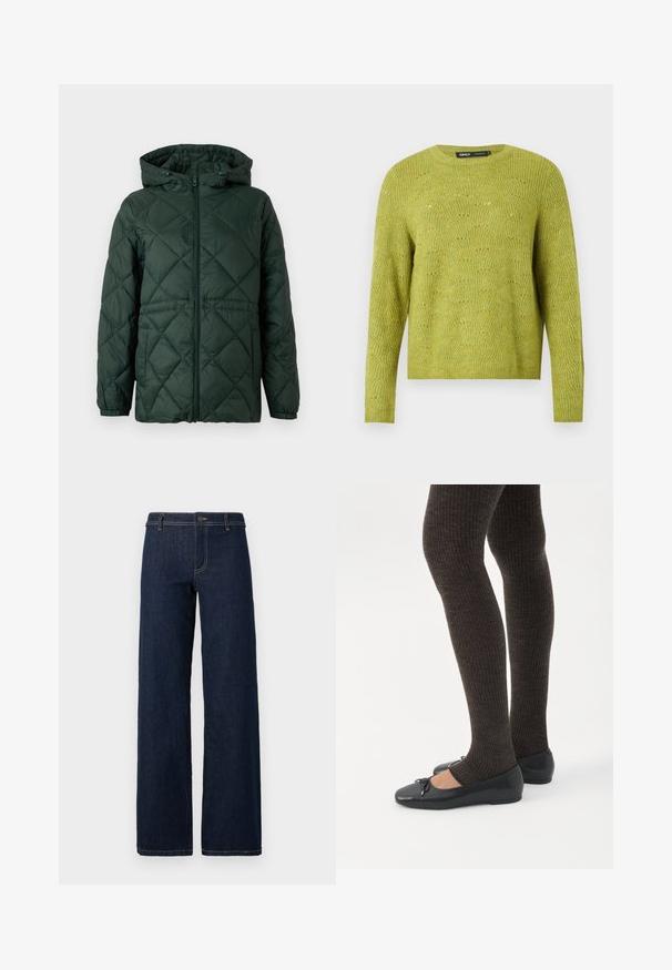 Chaqueta acolchada de color verde oscuro con cierre de cremallera en la parte delantera, capucha y puños elásticos. Presenta un acabado texturizado y patrones de diamante en todo su diseño.; Jersey de punto verde de manga larga con un sutil patrón texturizado y cuello redondo sobre un fondo claro liso.; Jeans de pernera ancha de lavado oscuro con un diseño clásico de cinco bolsillos, hechos de denim, con costuras doradas y un cierre de botón en la cintura.; Piernas con leggings oscuros acanalados combinados con bailarinas negras que presentan pequeños detalles de lazo sobre un fondo blanco.