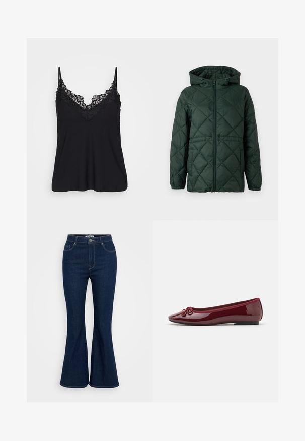 Chaqueta acolchada de color verde oscuro con cierre de cremallera en la parte delantera, capucha y puños elásticos. Presenta un acabado texturizado y patrones de diamante en todo su diseño.; Camiseta negra sin mangas con encaje en el escote y en las tirantes; tejido suave con un diseño fluido para un ajuste relajado.; Jeans acampanados de color azul oscuro hechos de denim, con una cintura alta, bolsillos frontales y un cierre de botón metálico. Textura suave con costuras uniformes.; Bailarinas en charol burdeos brillante, con punta redondeada, un lazo decorativo y una suela negra baja.