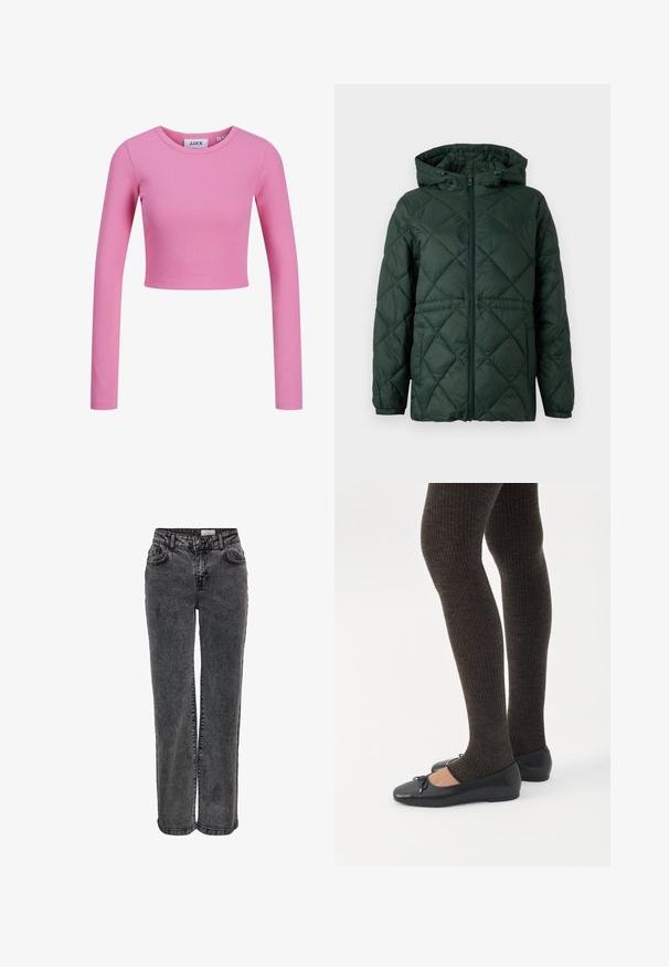 Mørkegrøn quiltet jakke med lynlås foran, hætte og elastiske manchetter. Har en struktureret overflade og diamantmønstre over det hele.; Langærmet, cropped top i lyserødt ribbet stof. Har en rund halsudskæring og et tætsiddende design med en glat tekstur.; Sorte denimjeans med lige ben, der har forlommer, bæltestropper og en subtil, falmet tekstur.; Ben iført mørke ribbede leggings kombineret med sorte balletsko med små sløjfedetaljer på hvid baggrund.