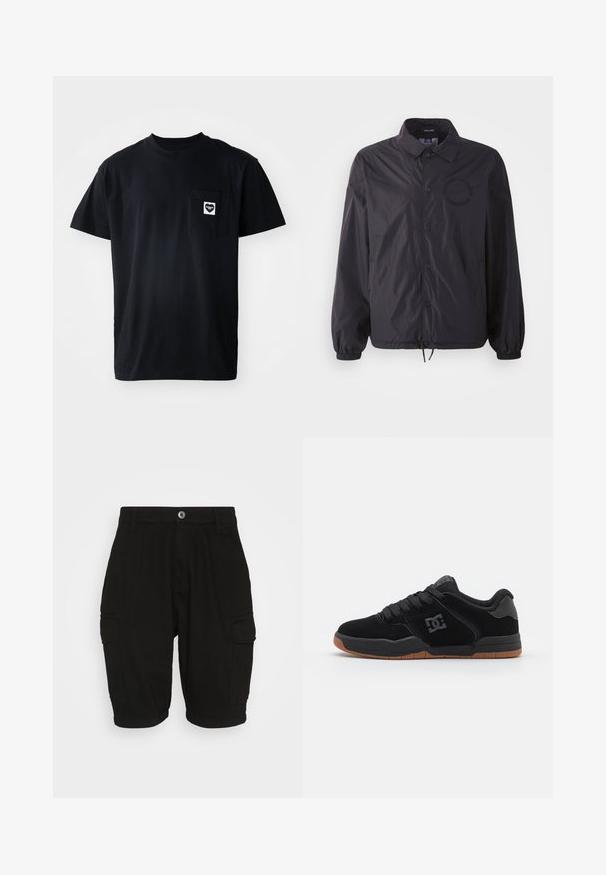 Schwarze, leichte Jacke mit Knopfleiste, elastischen Bündchen, verstellbarem Saum und gesticktem Logo auf der Brust. Glattes, leicht glänzendes Material.; Schwarzes Baumwoll-T-Shirt mit Rundhalsausschnitt, kurzen Ärmeln und einer linken Brusttasche, die ein herzförmiges Logo in Weiß zeigt.; Schwarze Cargo-Shorts aus Baumwolle mit geradem Schnitt, ausgestattet mit zwei Seitentaschen und einem Knopfverschluss an der Vorderseite.; Schwarze Wildleder-Sneaker mit Gummisohle, ausgestattet mit einem schwarzen Logo an der Seite und schwarzen Schnürsenkeln. Runde Zehenpartie und ein niedriges Design.