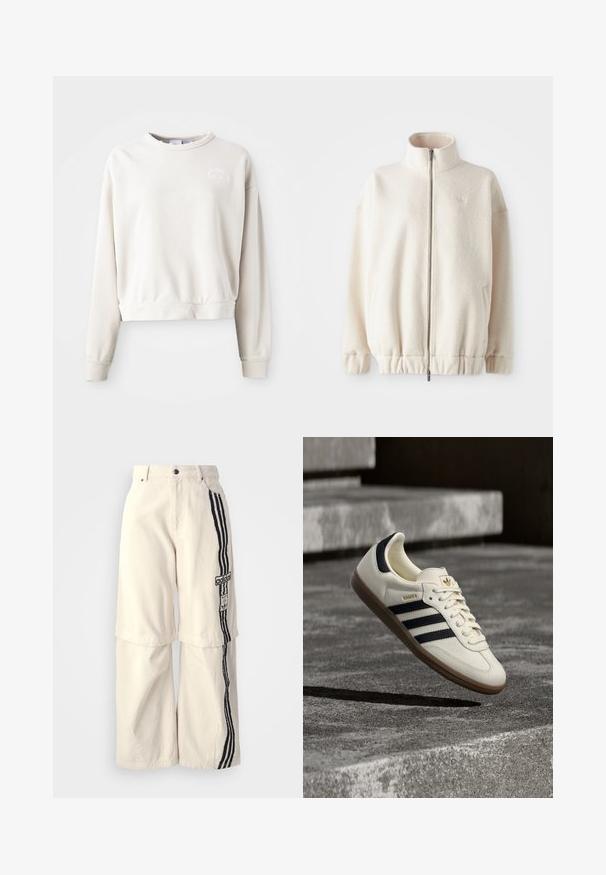 Fleece mikina na zips v krémovej farbe, s vysokým golierom, rebrovanými manžetami, elastickým spodným okrajom a bočnými vreckami. Diskrétny logo na hrudi.; Krémový skrátený sweatshirt vyrobený z mäkkej tkaniny, s okrúhlym výstrihom, dlhými rukávmi a vyšívaným logom na hrudi.; Bežové nohavice s širokými nohavicami vyrobené z bavlny, s čiernym trojpruhovým dizajnom po boku a nášivkou loga Adidas na stehne.; Biela teniska Adidas Samba s čiernymi pruhmi a gumovou podrážkou, vznášajúca sa nad textúrovanými sivými betónovými schodmi.