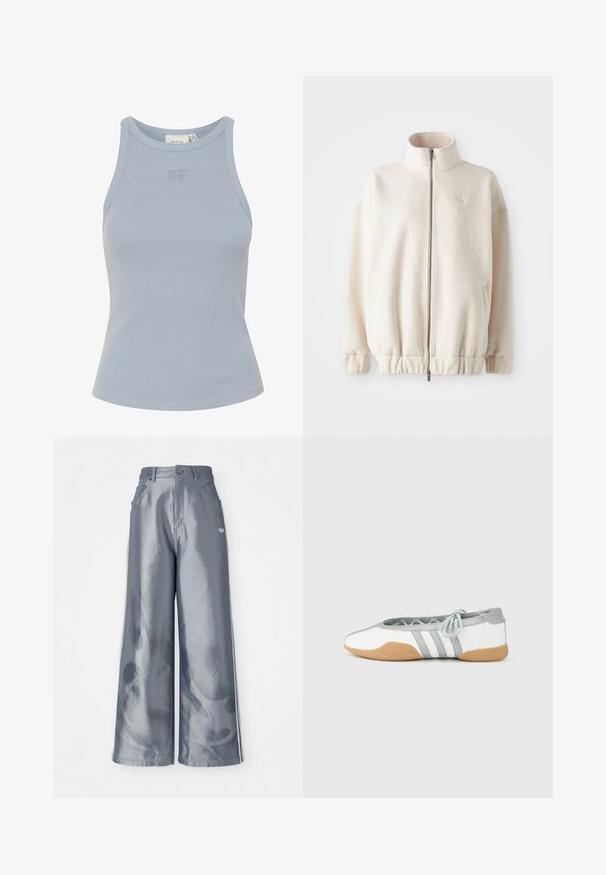 Veste zippée en polaire crème, avec un col haut, des poignets côtelés, un ourlet élastique et des poches latérales. Logo discret sur la poitrine.; Débardeur sans manches en coton ribbé bleu clair avec un col rond et un petit logo brodé au centre. Texture lisse, silhouette ajustée.; Pantalons à jambes larges en matériau gris brillant, présentant des bandes latérales blanches et un motif de flammes sur les jambes inférieures. Fermeture à bouton et à zip à la taille.; Ballerines blanches et grises avec un bout arrondi et un lacet élastique, présentant trois rayures grises, et une semelle en caoutchouc beige.