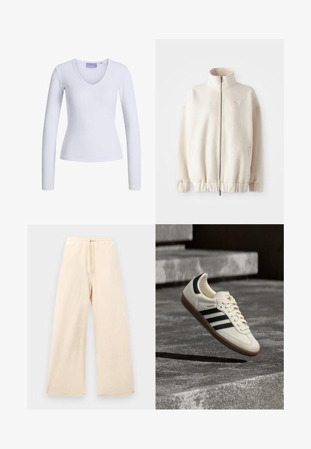 Fleece mikina na zips v krémovej farbe, s vysokým golierom, rebrovanými manžetami, elastickým spodným okrajom a bočnými vreckami. Diskrétny logo na hrudi.; Biely dlhý rukáv top s pružným textúrou a dizajnom s výstrihom do V. Nápis značky "JJXX" je viditeľný vo vnútri výstrihu.; Dlhé nohavice s širokými nohavicami v svetlej béžovej farbe, vyrobené z textúrovanej tkaniny. Obsahujú elastický pás s šnúrkou. Jednoduchý, nezdobený dizajn.; Biela teniska Adidas Samba s čiernymi pruhmi a gumovou podrážkou, vznášajúca sa nad textúrovanými sivými betónovými schodmi.