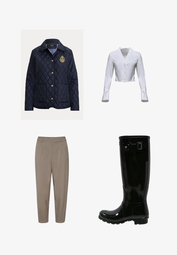 Marineblå quiltet jakke med diamantmønster, guldknapper, to forlommer og en stribet inderfor. Har et broderet emblem.; Hvid cropped skjorte lavet af glat stof, med lange ærmer og flared manchetter samt en V-halsudskæring. Knapper ned foran.; Lysebrune, tapered bukser med en glat overflade, der har for-pleats, sidelommer og en standard livkant.; Sort gummi regnstøvle med en blank finish, høj design, spænde detaljer på siden, tekstureret sål for godt greb og rund tå.