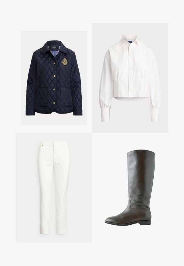 Marineblå quiltet jakke med diamantmønster, guldknapper, to forlommer og en stribet inderfor. Har et broderet emblem.; Hvid kortærmet button-up skjorte lavet af bomuld. Har spidse kraver, lange puffærmer og subtile buede sømme. Klassisk design.; Hvide, skræddersyede bukser med en tætsiddende pasform, der har en glat tekstur, bæltestropper og en lille detalje af guldhardware. Ingen lommer synlige.; Brun læder knæhøj støvle med en glat overflade, rund tå og minimal syning. Sålen er flad med en lav hæl.