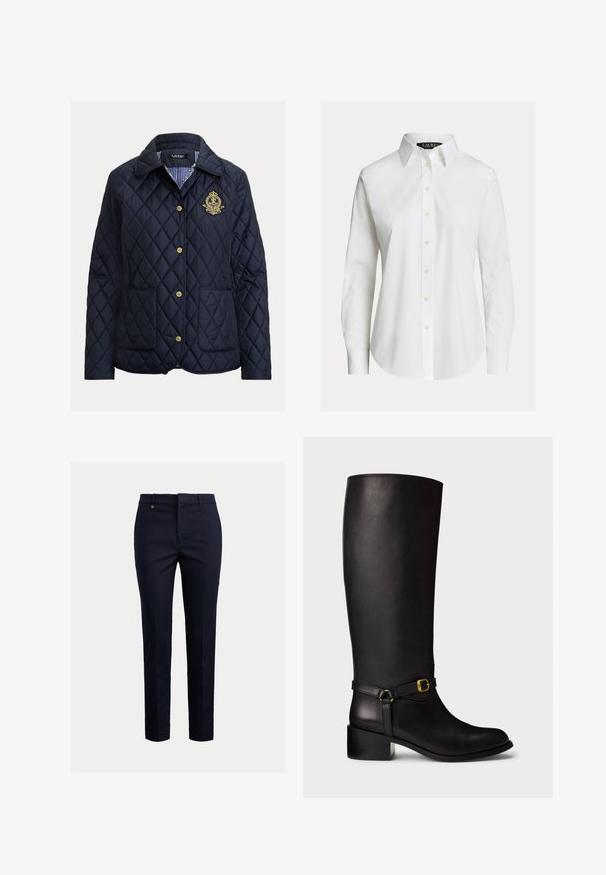 Marineblå quiltet jakke med diamantmønster, guldknapper, to forlommer og en stribet inderfor. Har et broderet emblem.; Hvid skjorte med lange ærmer, knapper foran, spids krave og let buet kant.; Marineblå chinos lavet af bomuldsblanding med et tilspidset fit, flad front, sidelommer og en enkelt baglomme; har et lille guldlogo.; Sort læderknæhøj støvle med lav blokhæl og dekorativ rem med en lille guldspænde ved anklen.