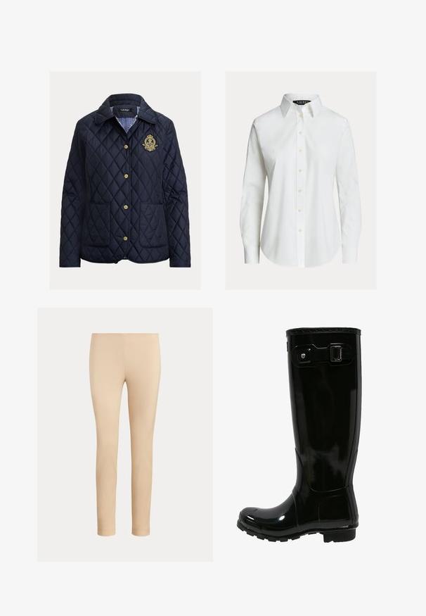 Marineblå quiltet jakke med diamantmønster, guldknapper, to forlommer og en stribet inderfor. Har et broderet emblem.; Hvid skjorte med lange ærmer, knapper foran, spids krave og let buet kant.; Beige slim-fit ankellange bukser med en glat finish og uden synlige lommer eller pynt på en ensfarvet baggrund.; Sort gummi regnstøvle med en blank finish, høj design, spænde detaljer på siden, tekstureret sål for godt greb og rund tå.