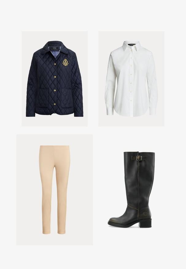 Marineblauw doorgestikt jack met een ruitpatroon, gouden knopen, twee voorzakken en een gestreepte voering. Heeft een geborduurd embleem.; Witte overhemd met lange mouwen, knopen aan de voorkant, puntige kraag en licht gebogen zoom.; Beige slim-fit enkellange broek met een gladde afwerking en zonder zichtbare zakken of versieringen op een effen achtergrond.; Zwarte leren kniehoge laars met een chunky hak, voorzien van een zijgesp accent en contrasterende stiksels langs de naden. Glad textuur.