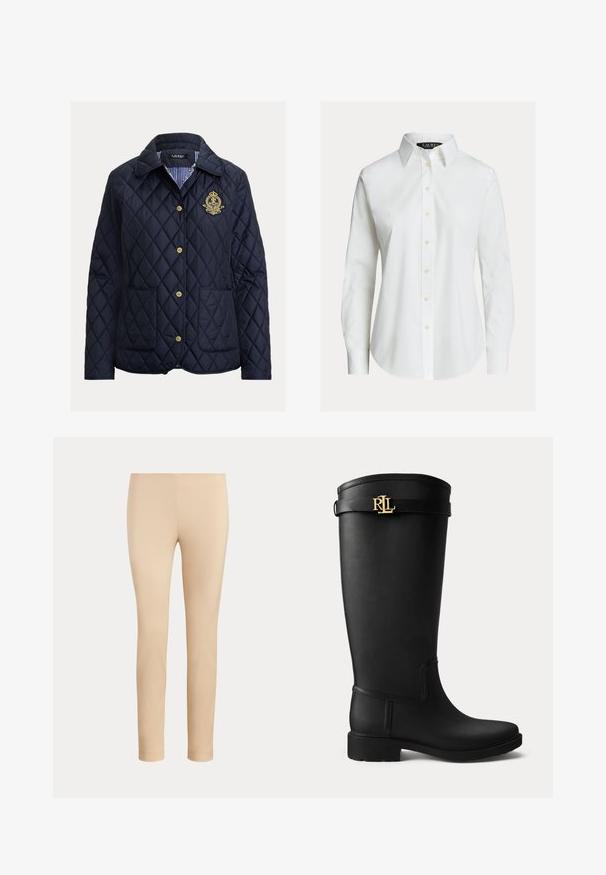 Marineblå quiltet jakke med diamantmønster, guldknapper, to forlommer og en stribet inderfor. Har et broderet emblem.; Hvid skjorte med lange ærmer, knapper foran, spids krave og let buet kant.; Beige slim-fit ankellange bukser med en glat finish og uden synlige lommer eller pynt på en ensfarvet baggrund.; Sort knæhøj gummistøvle med lav hæl og en guldfarvet RLL-logo spænde nær toppen på en ensartet lys baggrund.