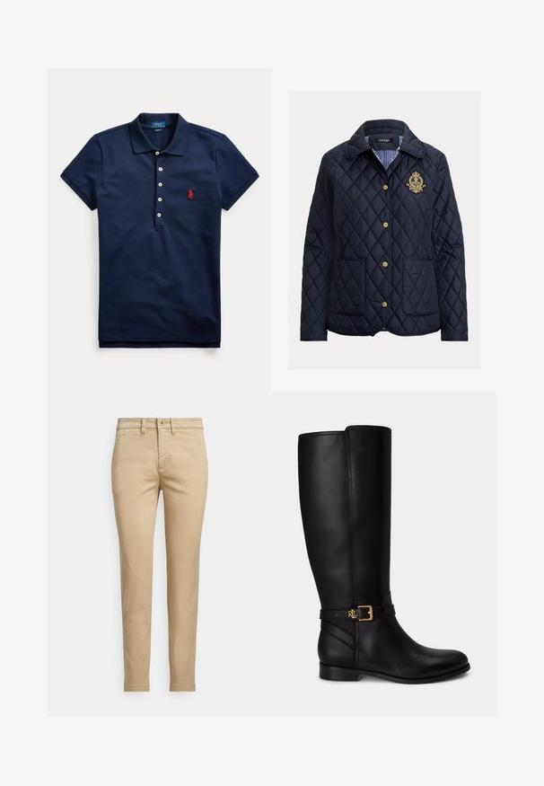 Chaqueta acolchada azul marino con patrón de rombos, botones dorados, dos bolsillos frontales y un forro interior a rayas. Cuenta con un emblema bordado.; Polo azul marino de manga corta con cuatro botones blancos y logo bordado en rojo en el pecho, cuello doblado hacia abajo.; Pantalones chinos de algodón beige con corte recto, cierre con botón, bolsillos frontales y detalles cosidos a lo largo de las costuras.; Bota negra de cuero hasta la rodilla con tacón bajo, hebilla dorada y pequeño logo en relieve en la correa lateral.