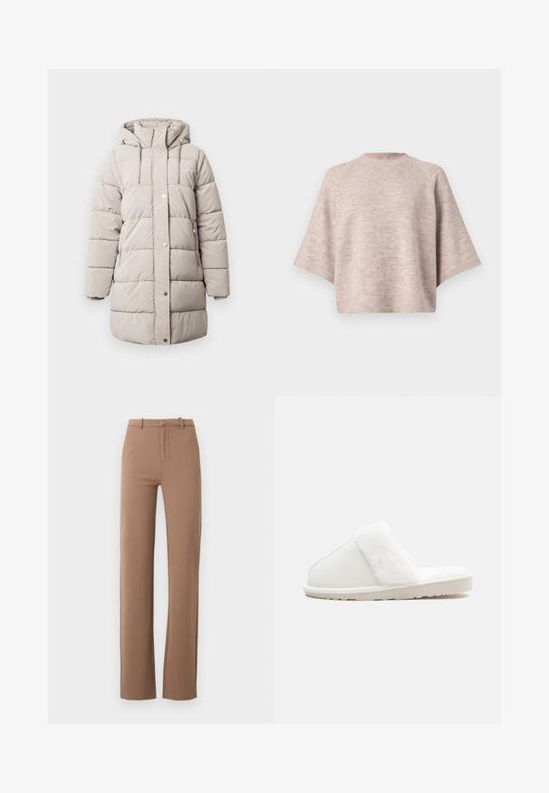 Beige gepolsterter Wintermantel mit Kapuze, Frontreißverschluss, zwei Seiten Taschen, Druckknopfverschlüsse und gestickte Paneele für Isolierung und Wärme.; Hellbeiger Strickpullover mit weiten kurzen Ärmeln und hohem rundem Ausschnitt, präsentiert vor einem einfarbigen Hintergrund.; Braune, gerade geschnittene Hose mit hoher Taille, Gürtelschlaufen und Frontreißverschluss, vor einfachem weißem Hintergrund gezeigt.; Weißer Hausschuh mit einem weichen Kunstfellband, Filzoberteil, gepolsterter Sohle und einer strukturierten Gummisohle für rutschfesten Halt. Einfaches, rundes Design.
